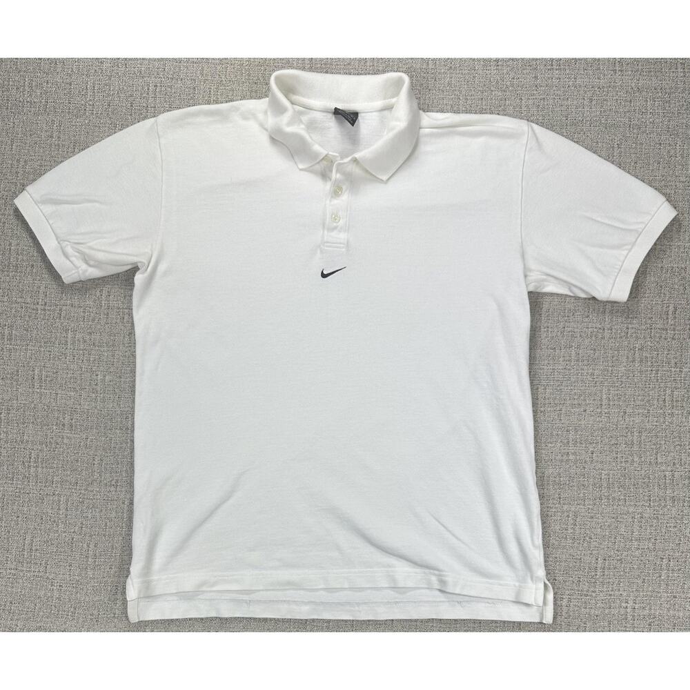 Nike Polo Shirt Mens M White Swoosh Center Check Cotton Knit Golf Casual